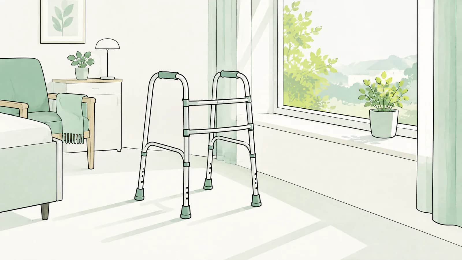 Illustration: Ein Gehgestell steht neben einem hellen Fenster in einem ruhigen Pflegezimmer