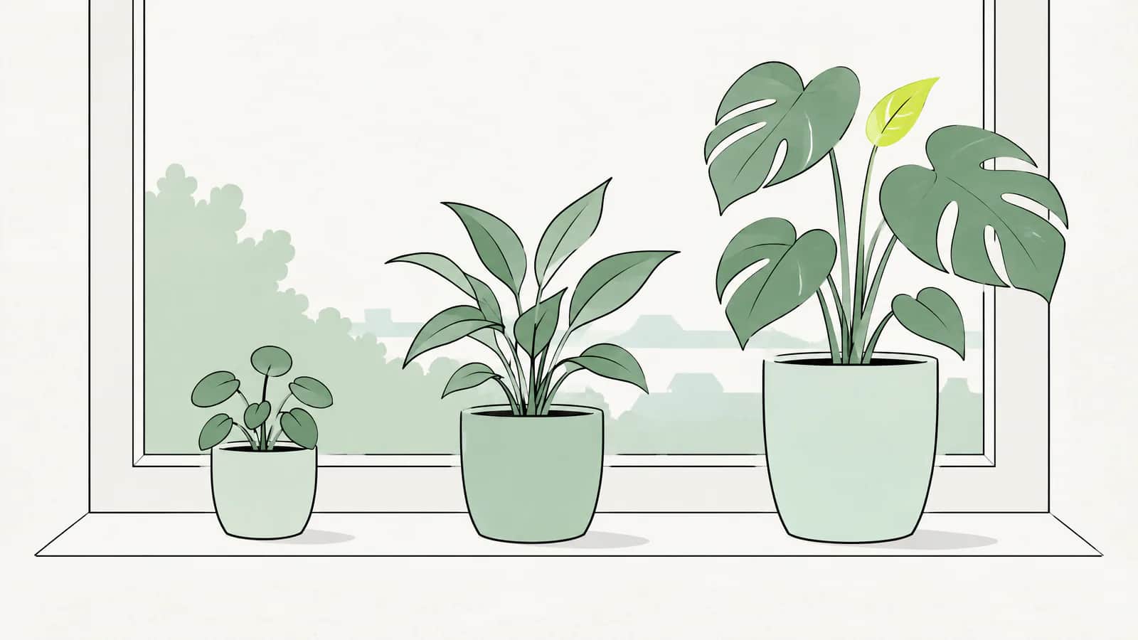 Illustration: drei Pflanzentöpfe in zunehmender Grösse aufgereiht auf einem Fensterbrett