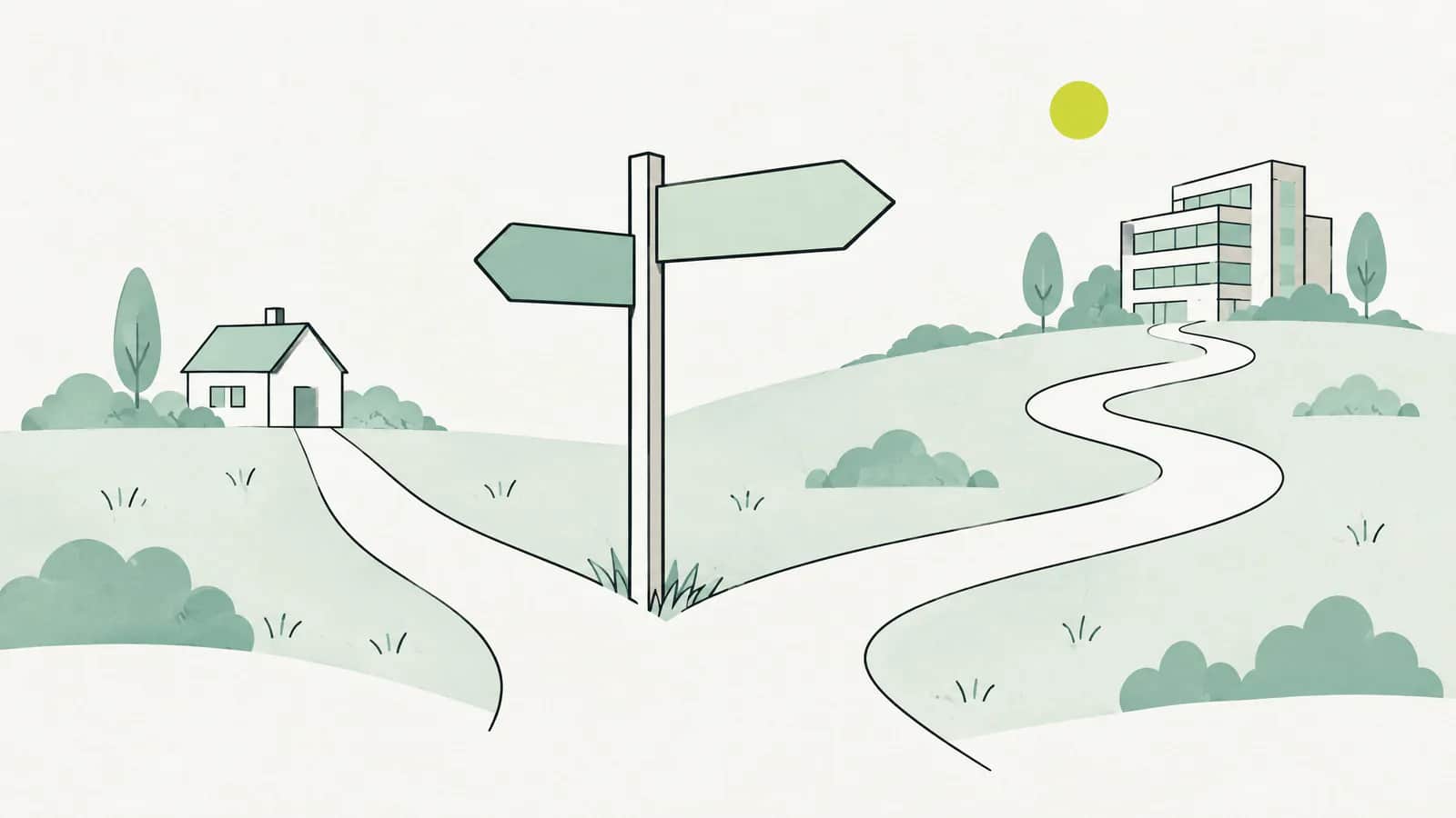 Illustration: Wegweiser zeigt auf einen kurzen Weg nach Hause statt auf einen langen Weg zum Gebäude