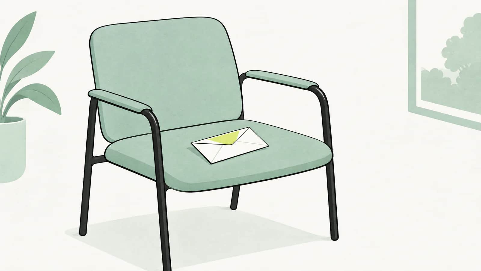 Illustration: Ein verschlossener Umschlag ohne Beschriftung liegt auf einem Behandlungsstuhl einer Tagesklinik