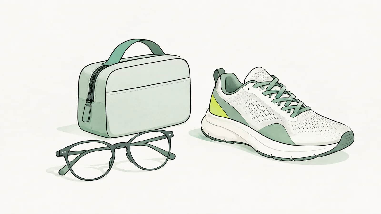 Illustration: Kleine Arzttasche neben einer Brille und einem Sportschuh auf hellem Grund
