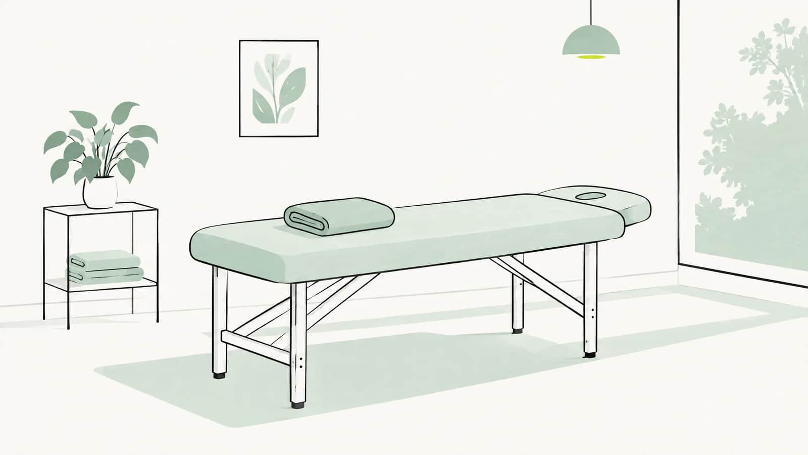 Illustration: Behandlungsliege mit gefaltetem Handtuch und kleiner Pflanze in einem ruhigen Raum