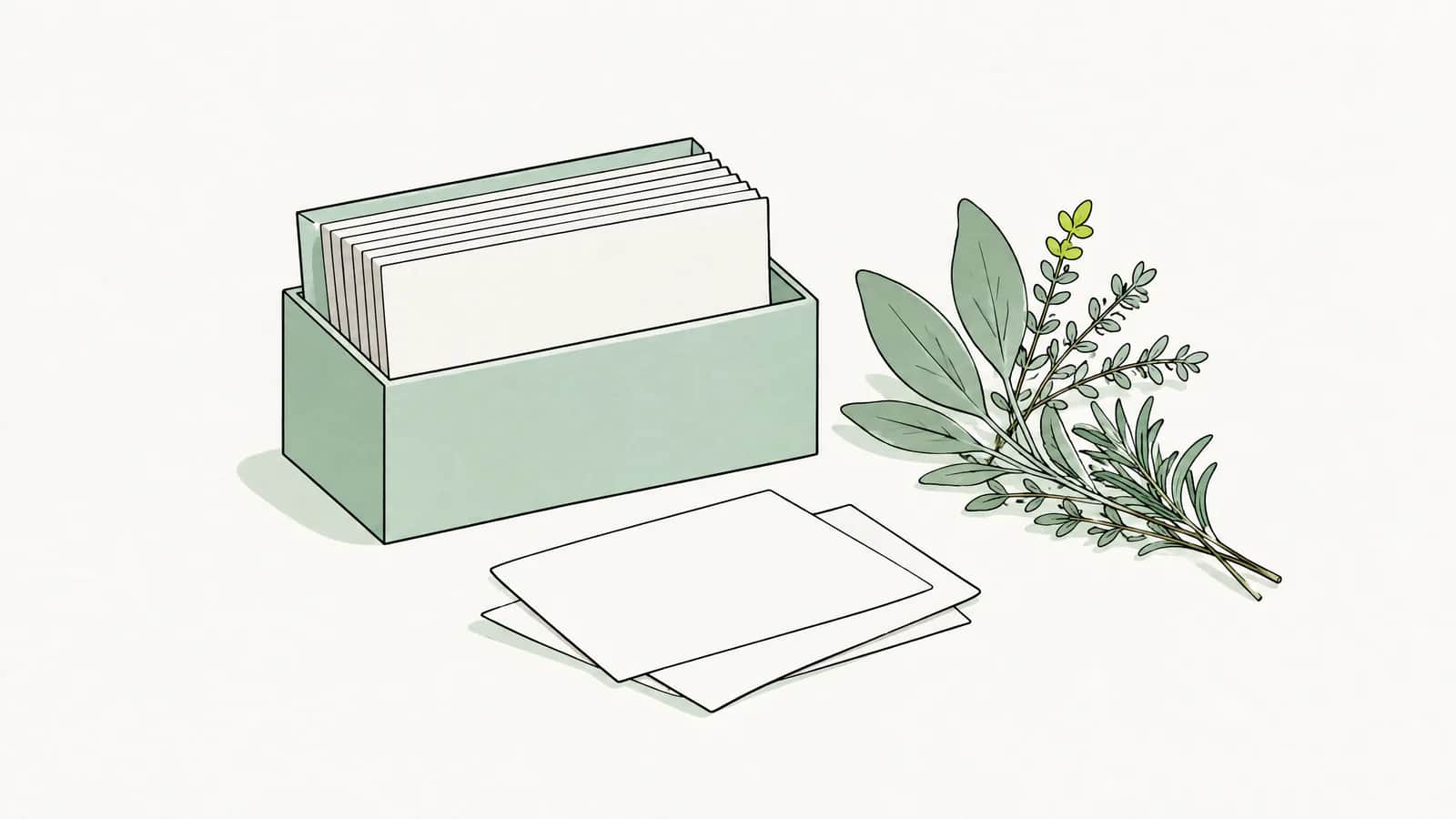 Illustration: Karteikasten mit leeren Registerkarten neben einem Zweig frischer Kräuter