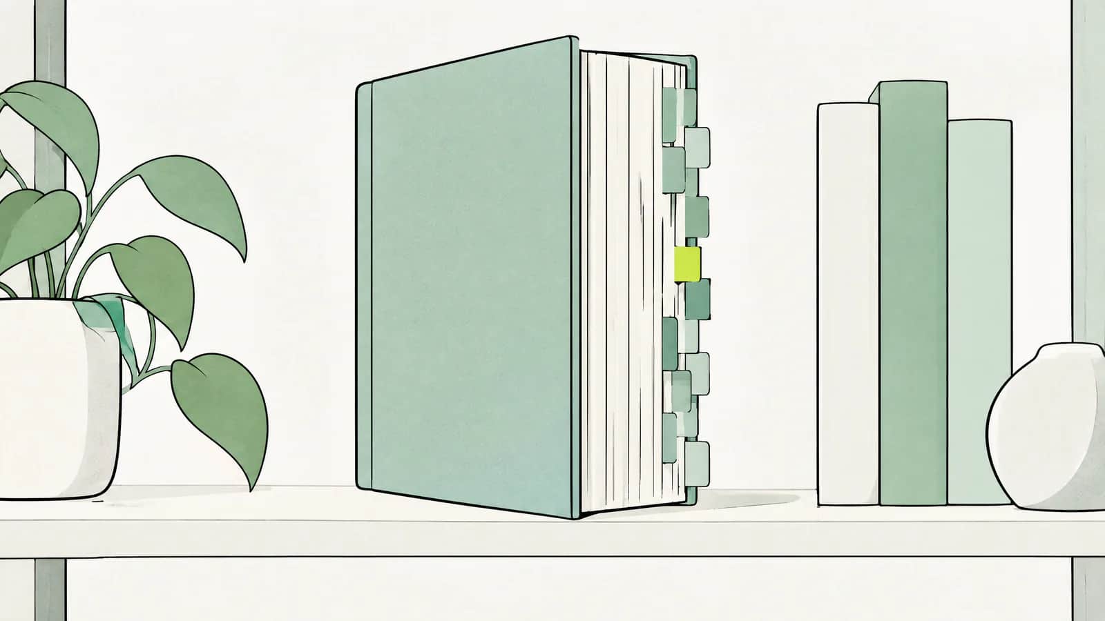 Illustration: dickes Nachschlagewerk mit vielen farbigen Registerlaschen in einem Regal