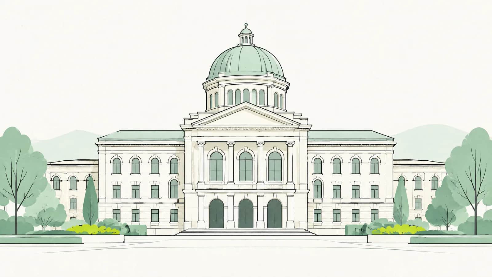 Illustration: Fassade eines Verwaltungsgebäudes im weichen Morgenlicht, ohne Flaggen und Symbole