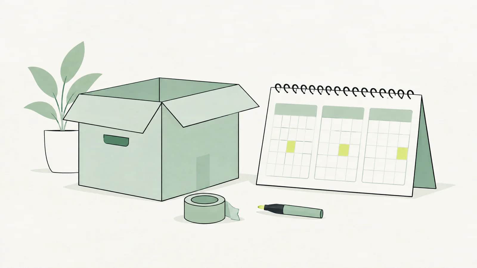 Illustration: Umzugskarton neben einem Wandkalender, auf dem drei Monate farbig umrandet sind