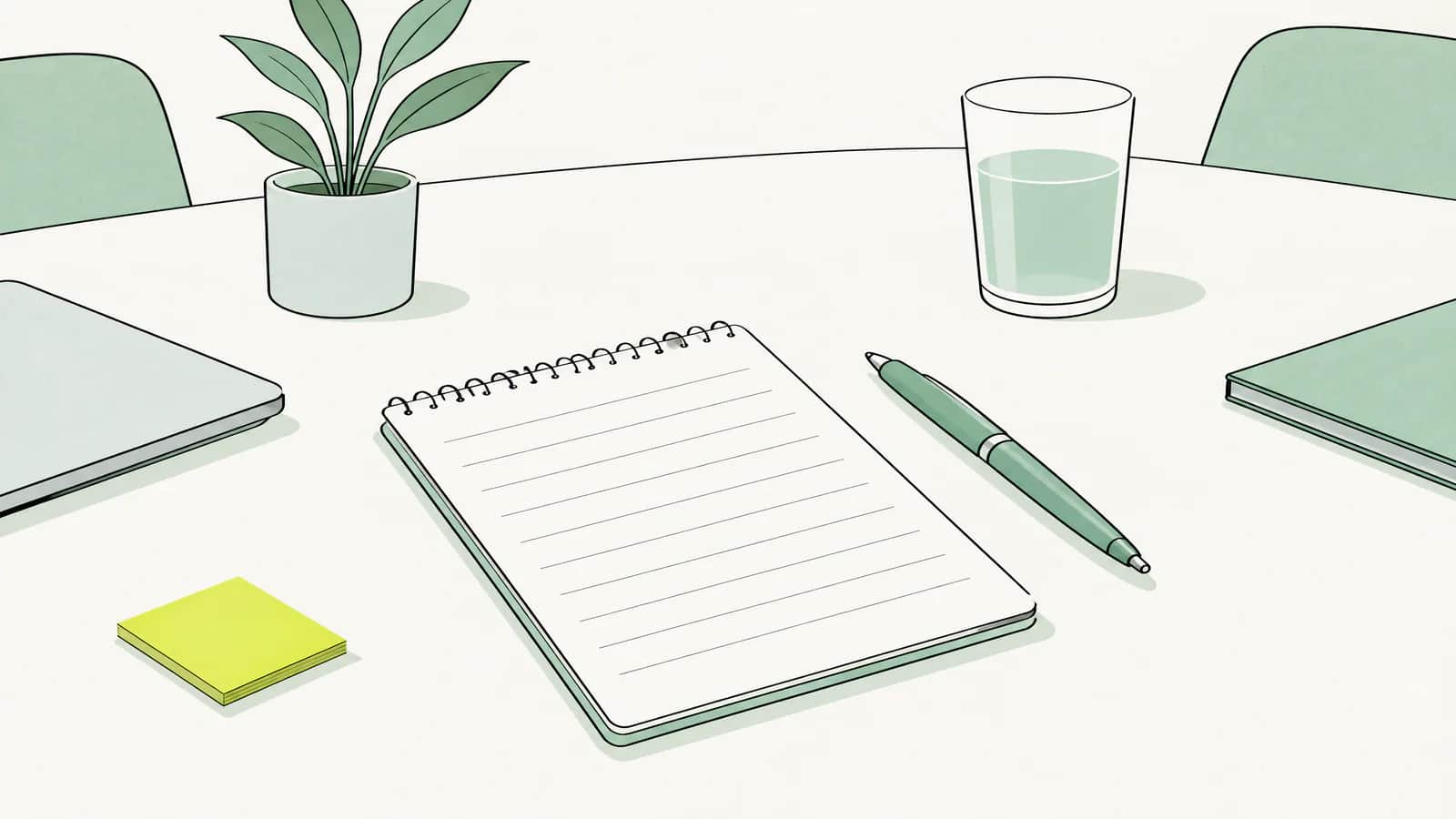 Illustration: Notizblock mit leeren Linien und ein Stift auf einem Besprechungstisch