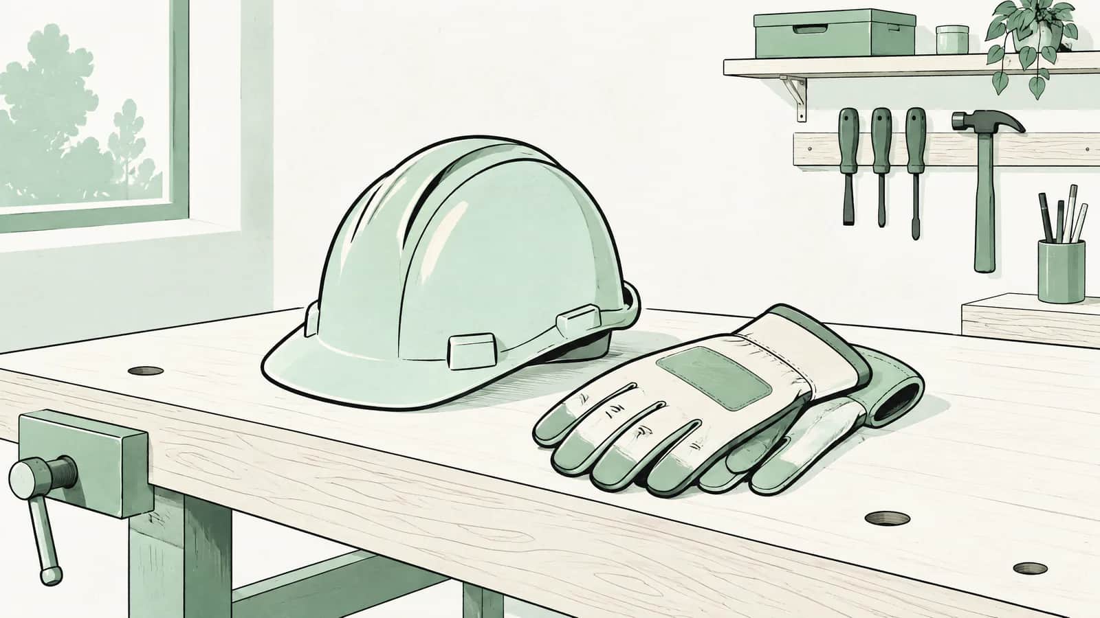 Illustration: Schutzhelm und Arbeitshandschuhe auf einer Werkbank in einer ruhigen Werkstatt