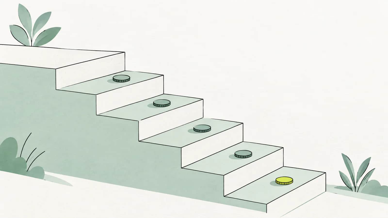 Illustration: sanft abfallende Treppe mit einer Münze auf jeder tieferen Stufe