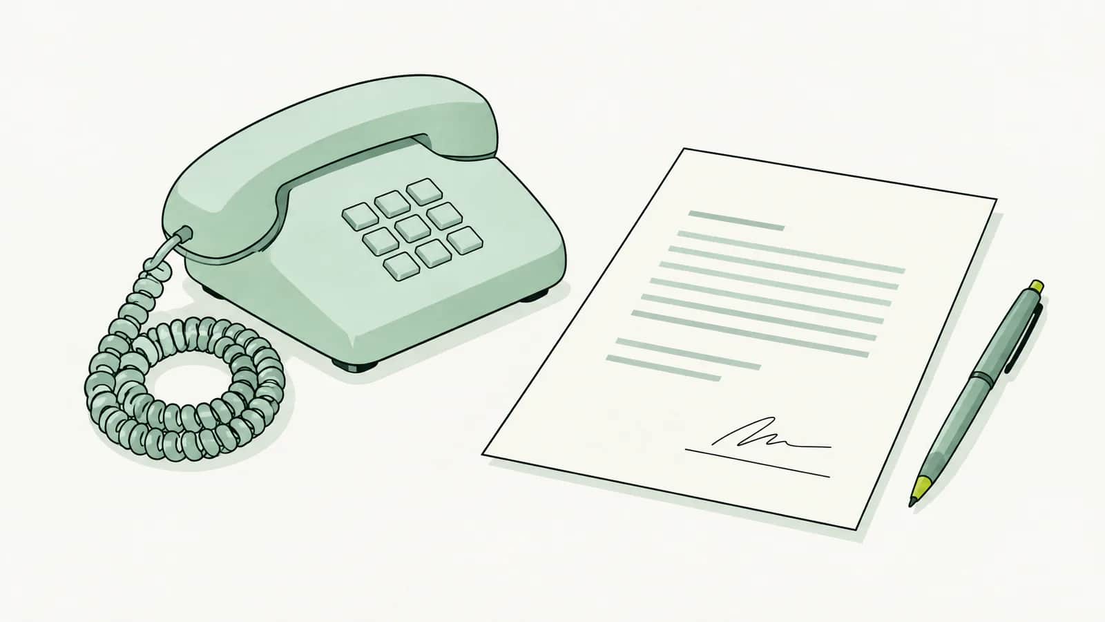 Illustration: Telefon mit sauber aufgewickeltem Kabel neben einer unterschriebenen Vereinbarung