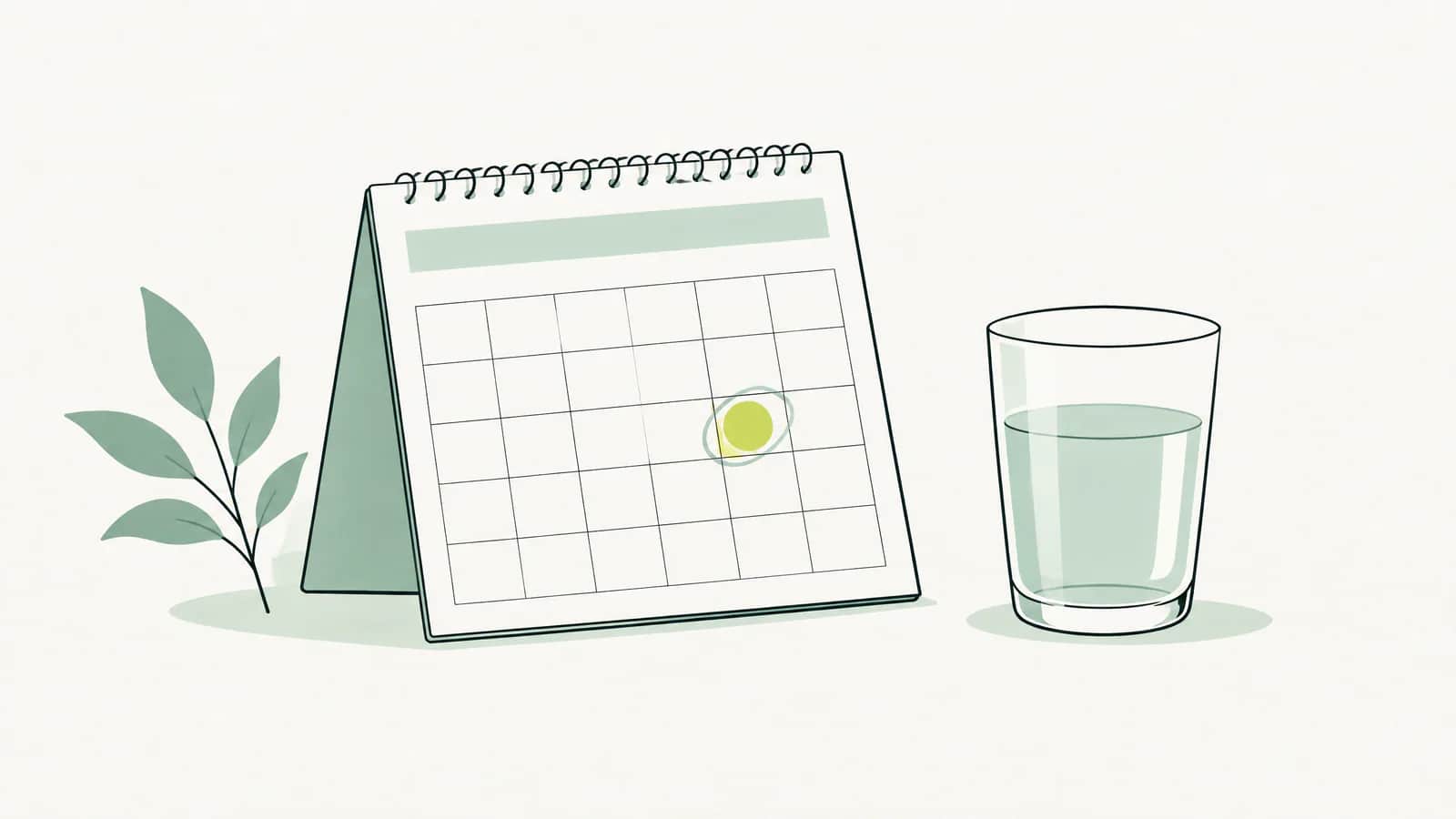 Illustration: Ein Kalender mit einem einzigen markierten Termin neben einem Glas Wasser