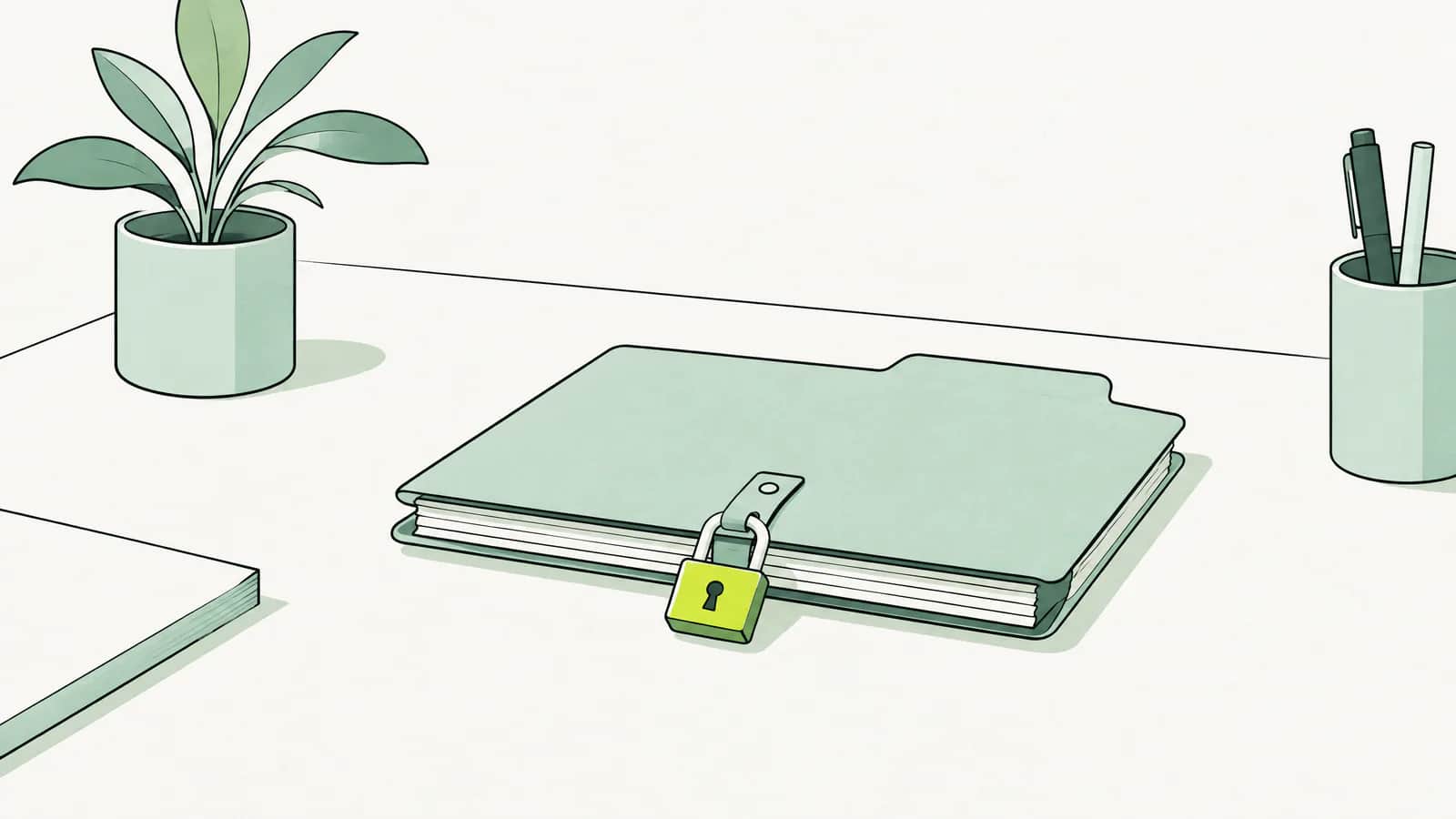 Illustration: Ein geschlossener Aktenordner, mit einem kleinen Vorhängeschloss gesichert, auf einem Schreibtisch