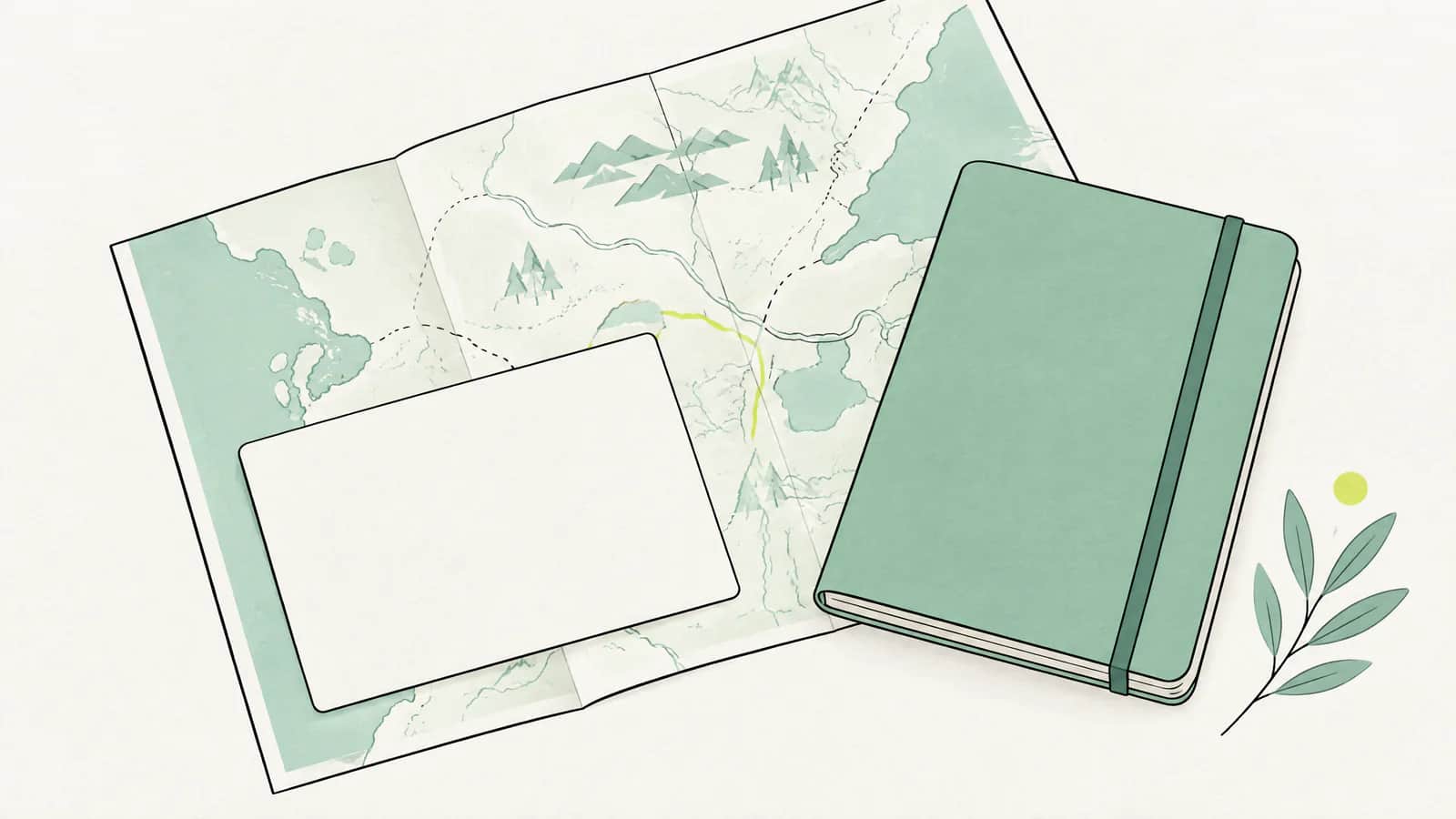 Illustration: schlichte blaue Karte liegt auf einer Reisekarte neben einem kleinen Notizbuch