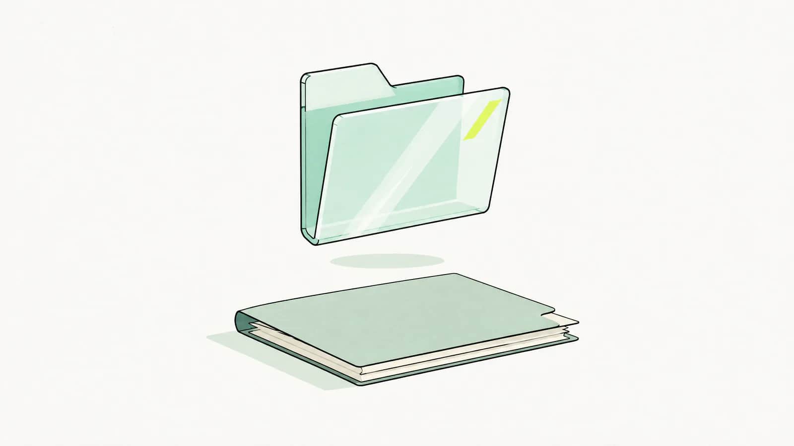 Illustration: Digitales Ordnersymbol aus Glas schwebt über einer geschlossenen Papierakte