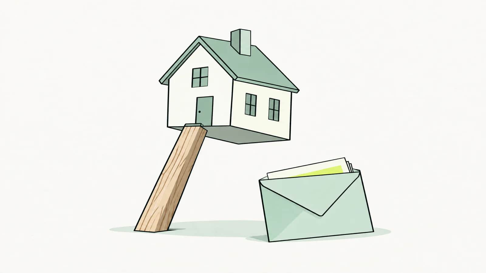 Illustration: stabiler Holzbalken stützt ein kleines Hausmodell, daneben ein Briefumschlag mit Rentenausweis