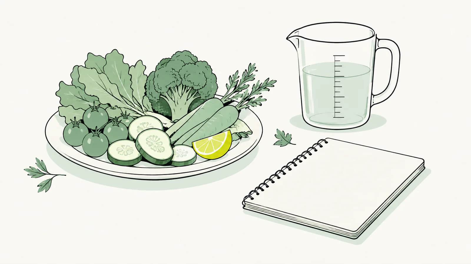 Illustration: Teller mit Gemüse neben einem Notizbuch und einem Messbecher