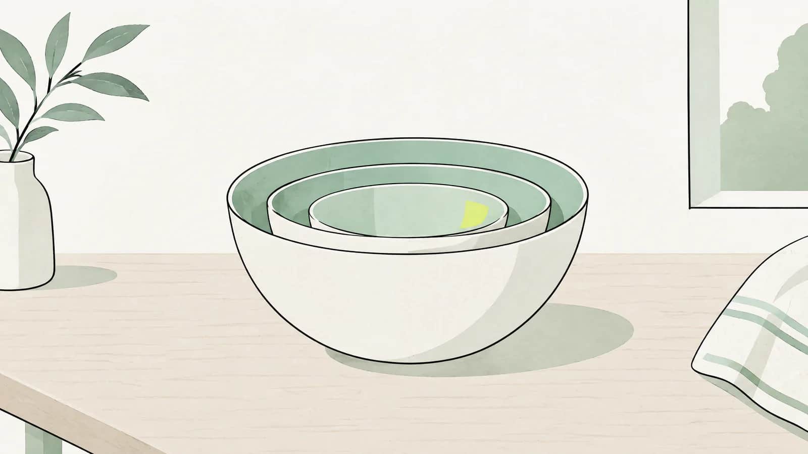 Illustration: drei ineinander gestellte Schüsseln unterschiedlicher Grösse auf einem Küchentisch
