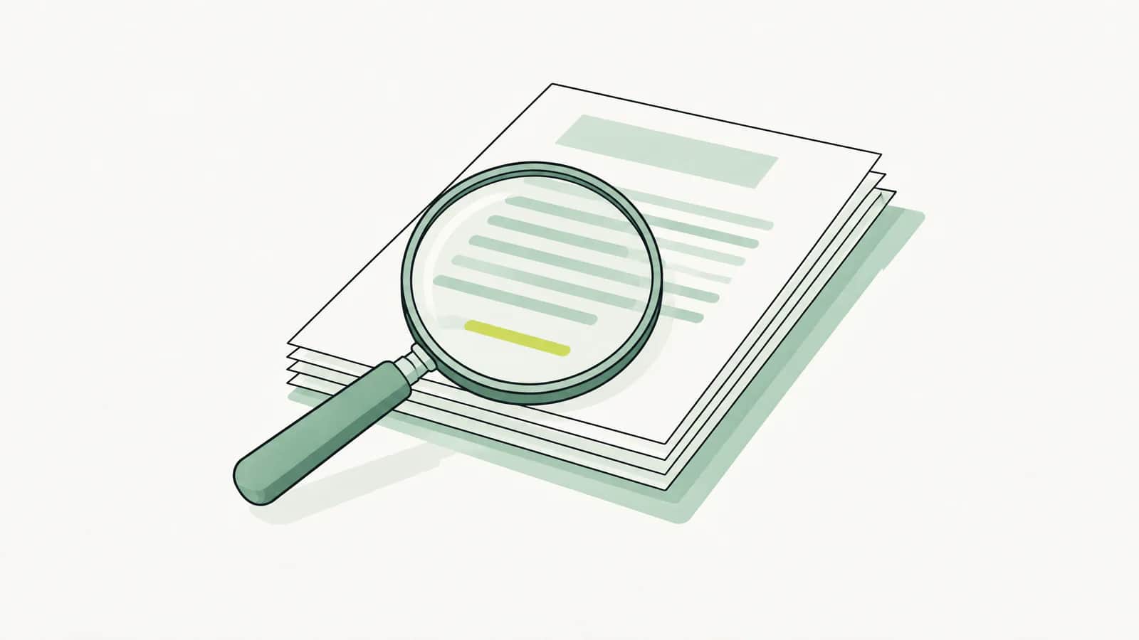 Illustration: Lupe über einem ordentlichen Stapel von Vertragsdokumenten auf einem Schreibtisch