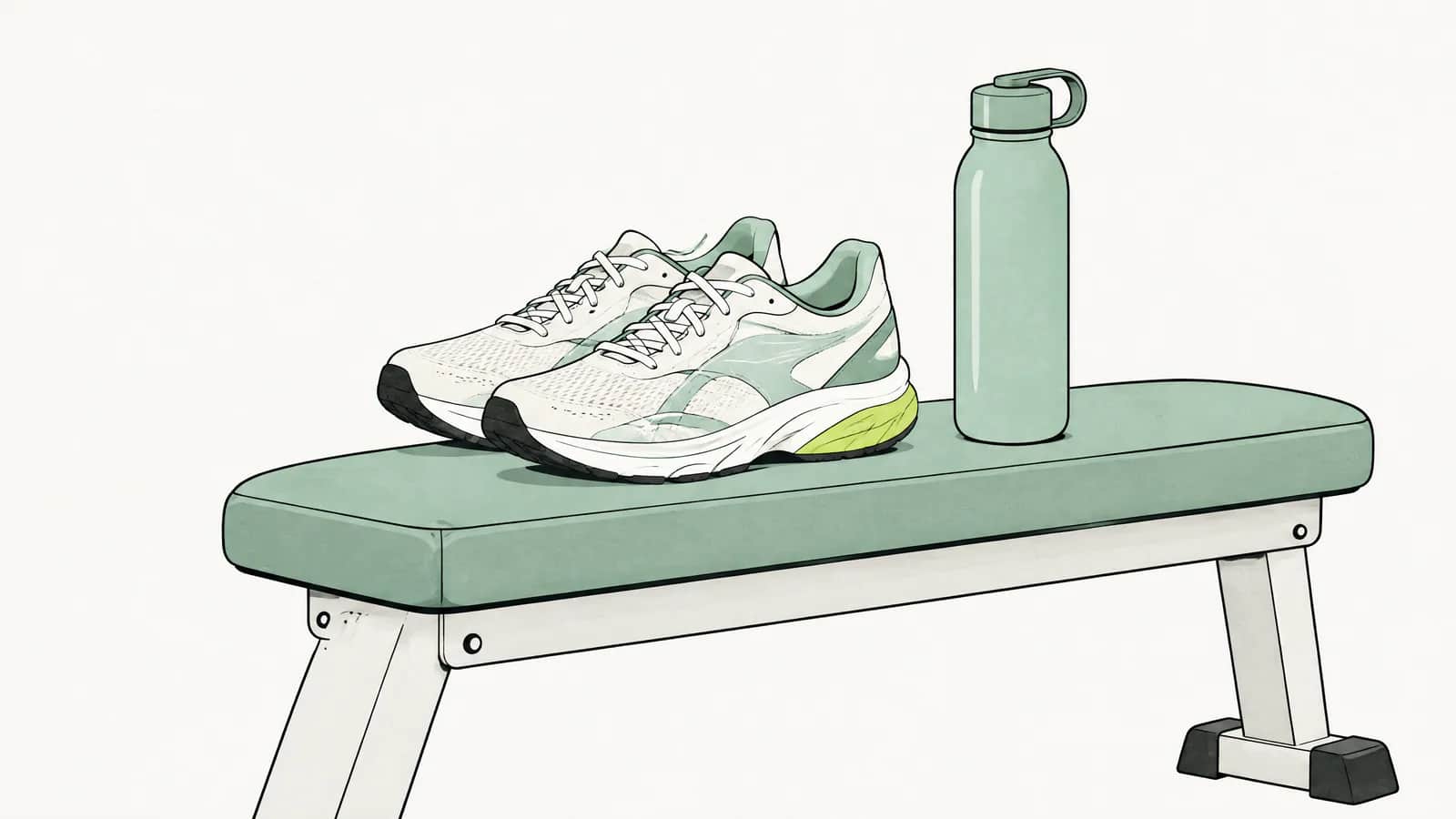 Illustration: Ein Paar Laufschuhe und eine Wasserflasche auf einer Holzbank im Trainingsraum