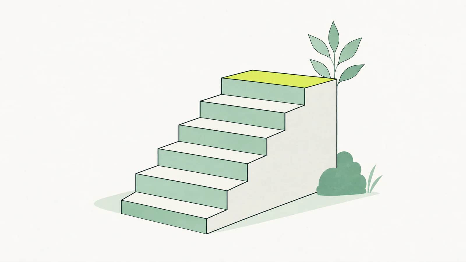 Illustration: kleine Treppe mit sechs gleichmässig verteilten Stufen auf hellem Papiergrund