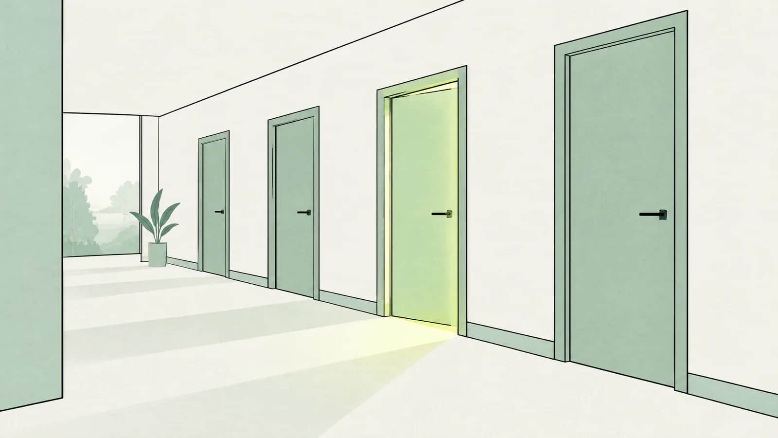 Illustration: Spitalkorridor mit mehreren Türen, von denen eine durch weiches Licht hervorgehoben ist