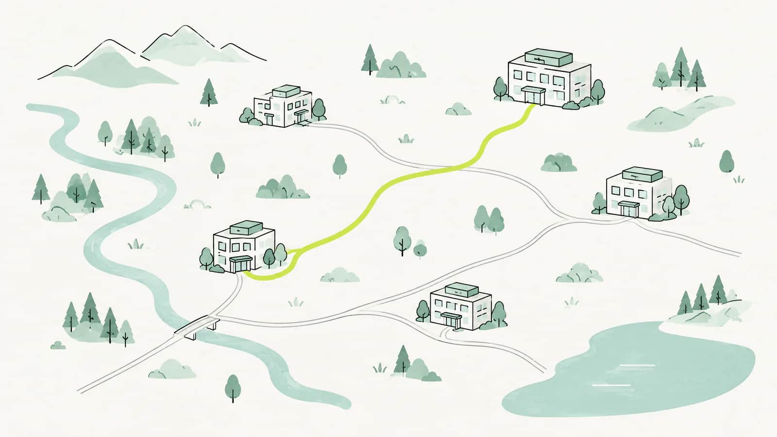 Illustration: Landkarte mit mehreren kleinen Spitalgebäuden, ein Weg zu einem davon hervorgehoben