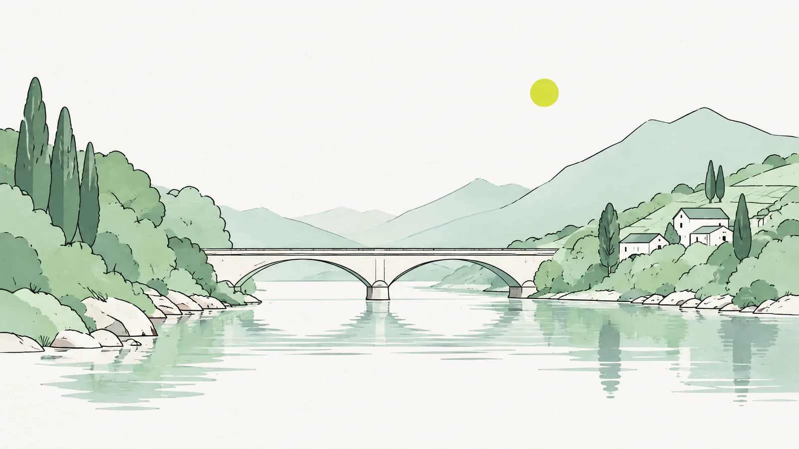 Illustration: Eine Brücke spannt sich über einen ruhigen Fluss zwischen zwei Landschaften