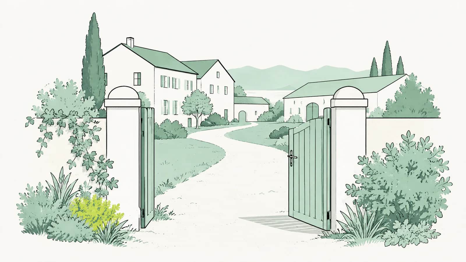Illustration: Ein offenes Gartentor auf einem Weg, der zu mehreren Gebäuden führt