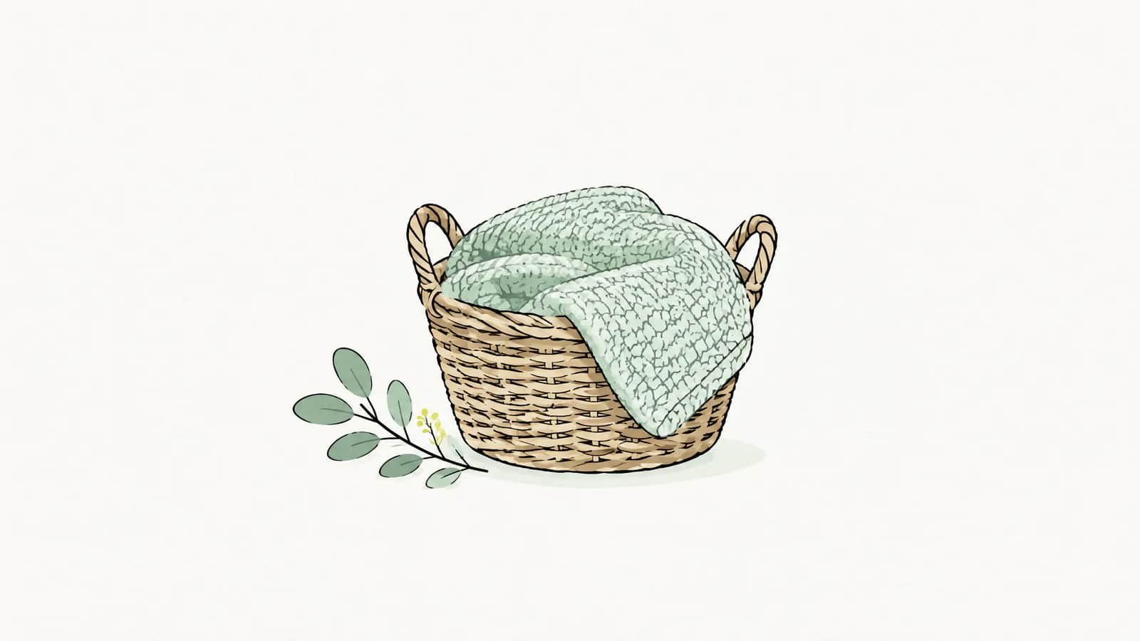 Illustration: Eine kleine gestrickte Decke liegt in einem Weidenkorb in weichem Licht