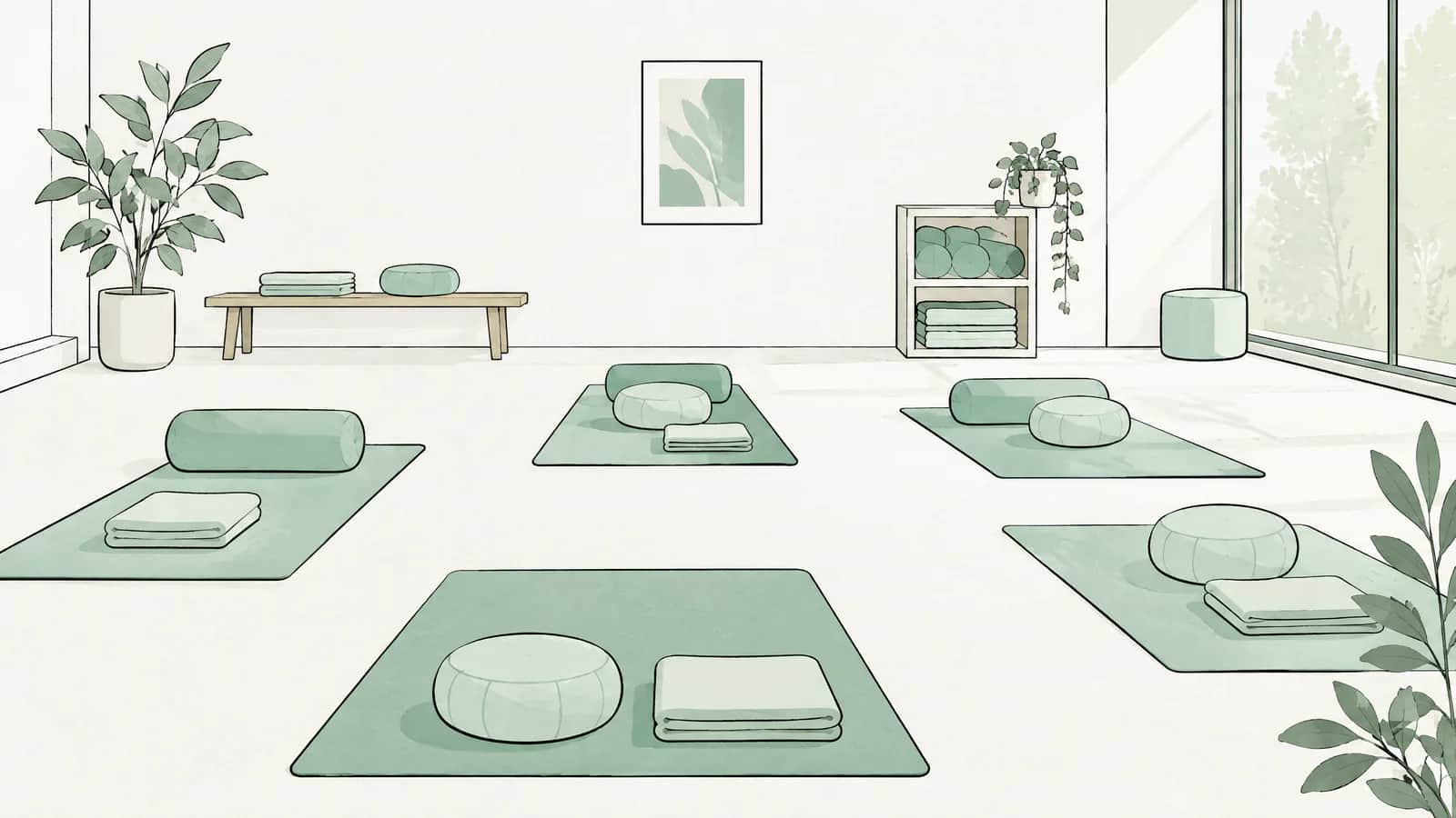 Illustration: Gymnastikmatten und Kissen liegen ordentlich in einem ruhigen Kursraum bereit
