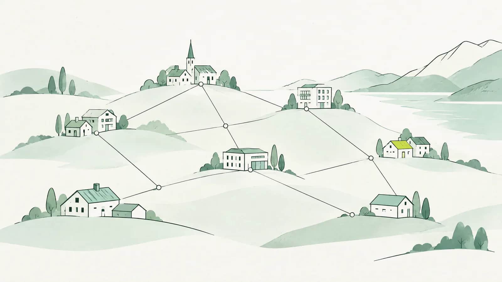 Illustration: kleine Gebäude auf einer Hügellandschaft, verbunden durch feine Linien