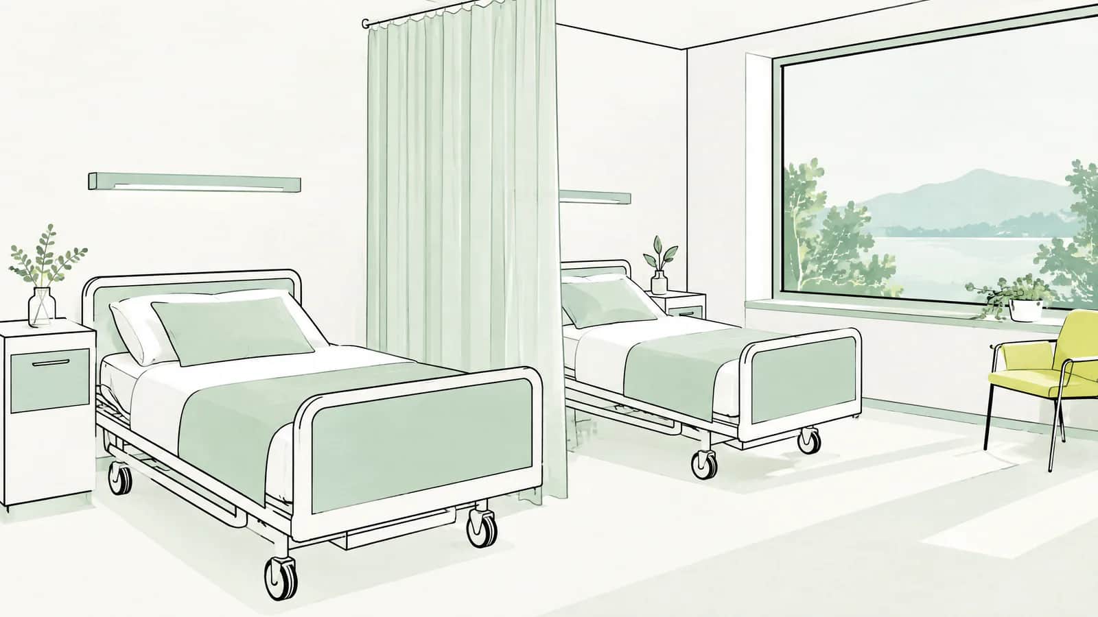 Illustration: Spitalzimmer mit zwei Betten, getrennt durch einen hellen Vorhang neben einem Fenster