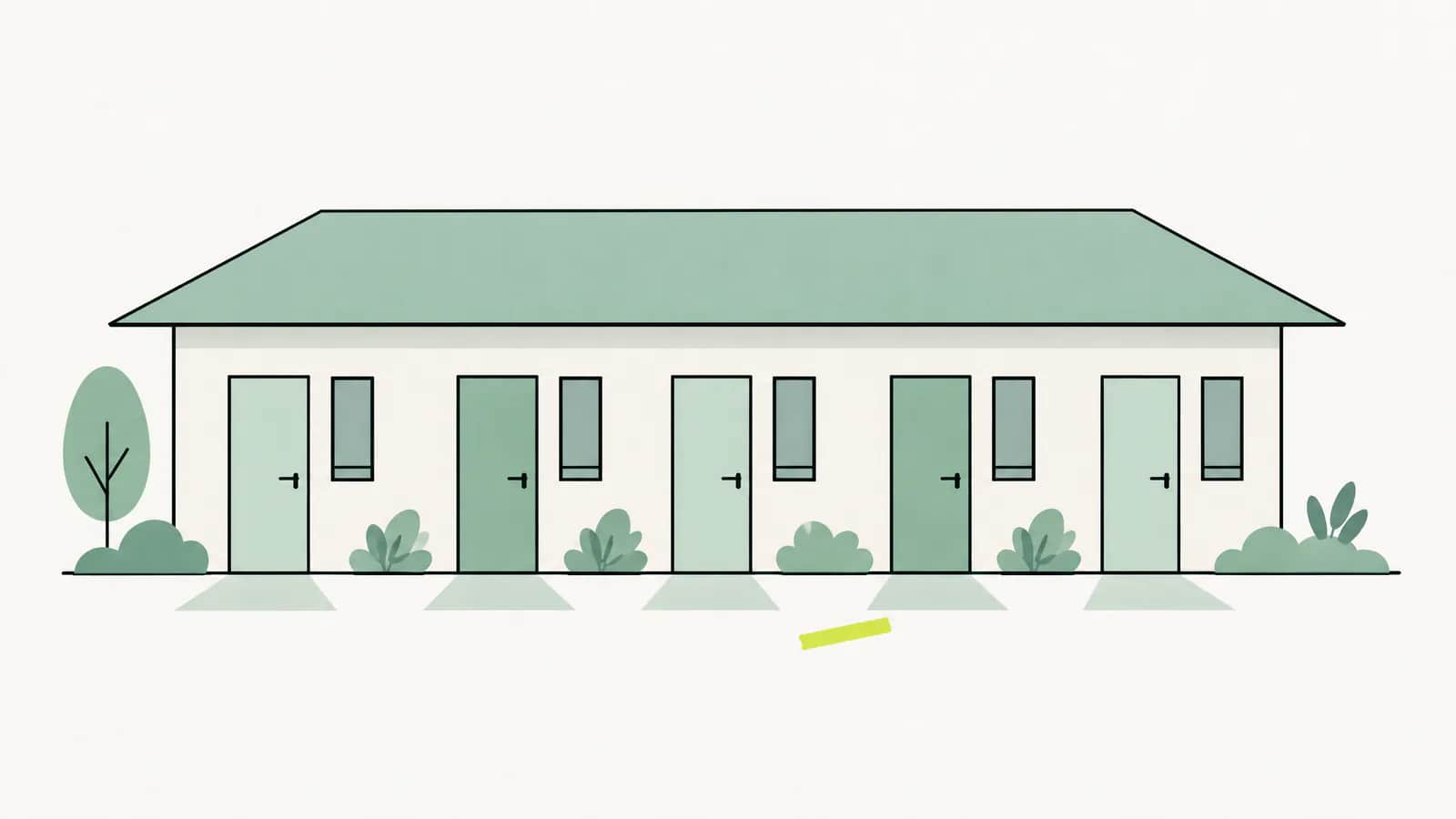 Illustration: ein einzelnes Gebäude mit mehreren Eingangstüren unter einem gemeinsamen Dach