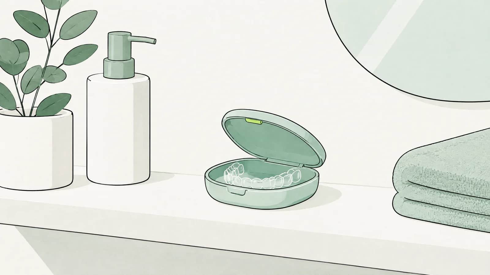 Illustration: Ein kleines Etui für eine Zahnspange liegt auf einem Regal im Badezimmer