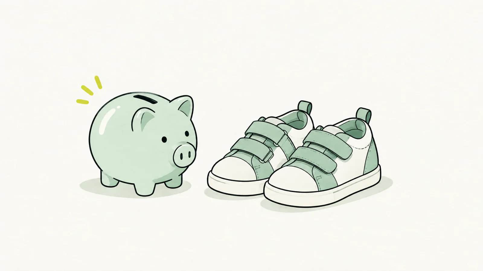 Illustration: kleines Sparschwein neben einem Paar Kinderschuhe auf einem Holzboden