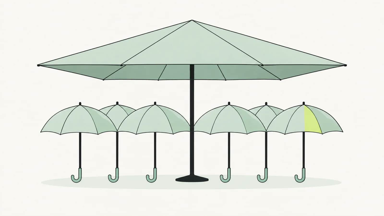 Illustration: Mehrere gleiche Regenschirme stehen gemeinsam unter einem grossen Vordach