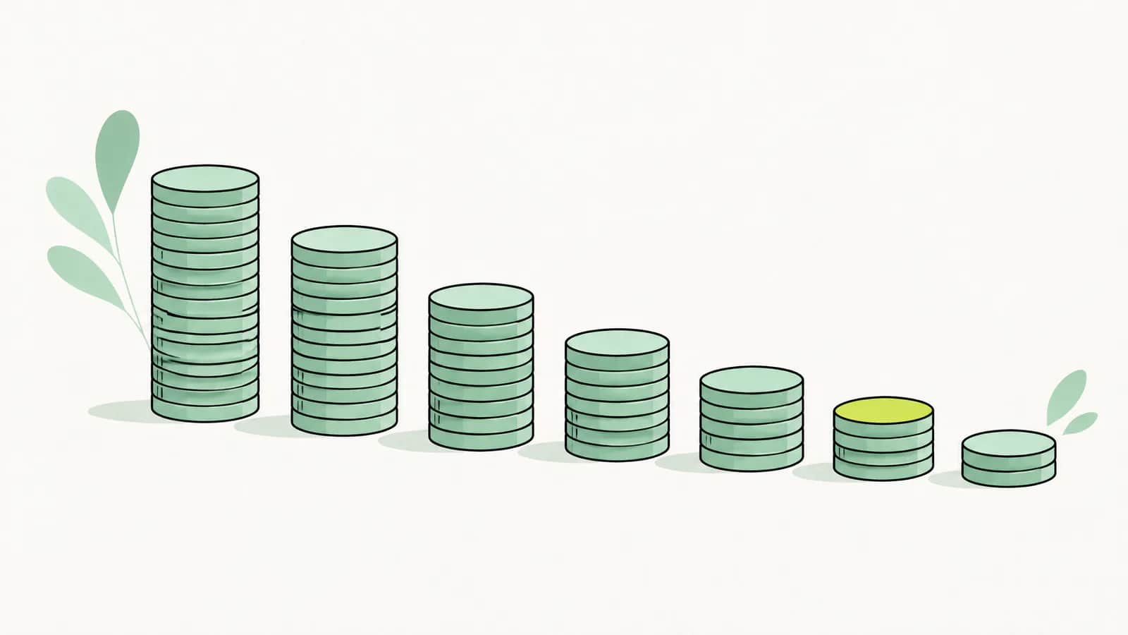 Illustration: eine Reihe Münzstapel, die von links nach rechts sanft niedriger werden