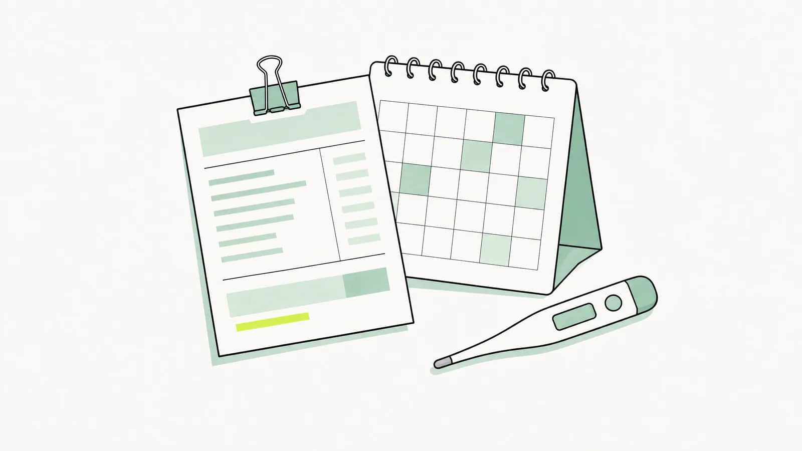 Illustration: Lohnabrechnung an einen Kalender geklammert, einige Tage schattiert, daneben ein Thermometer