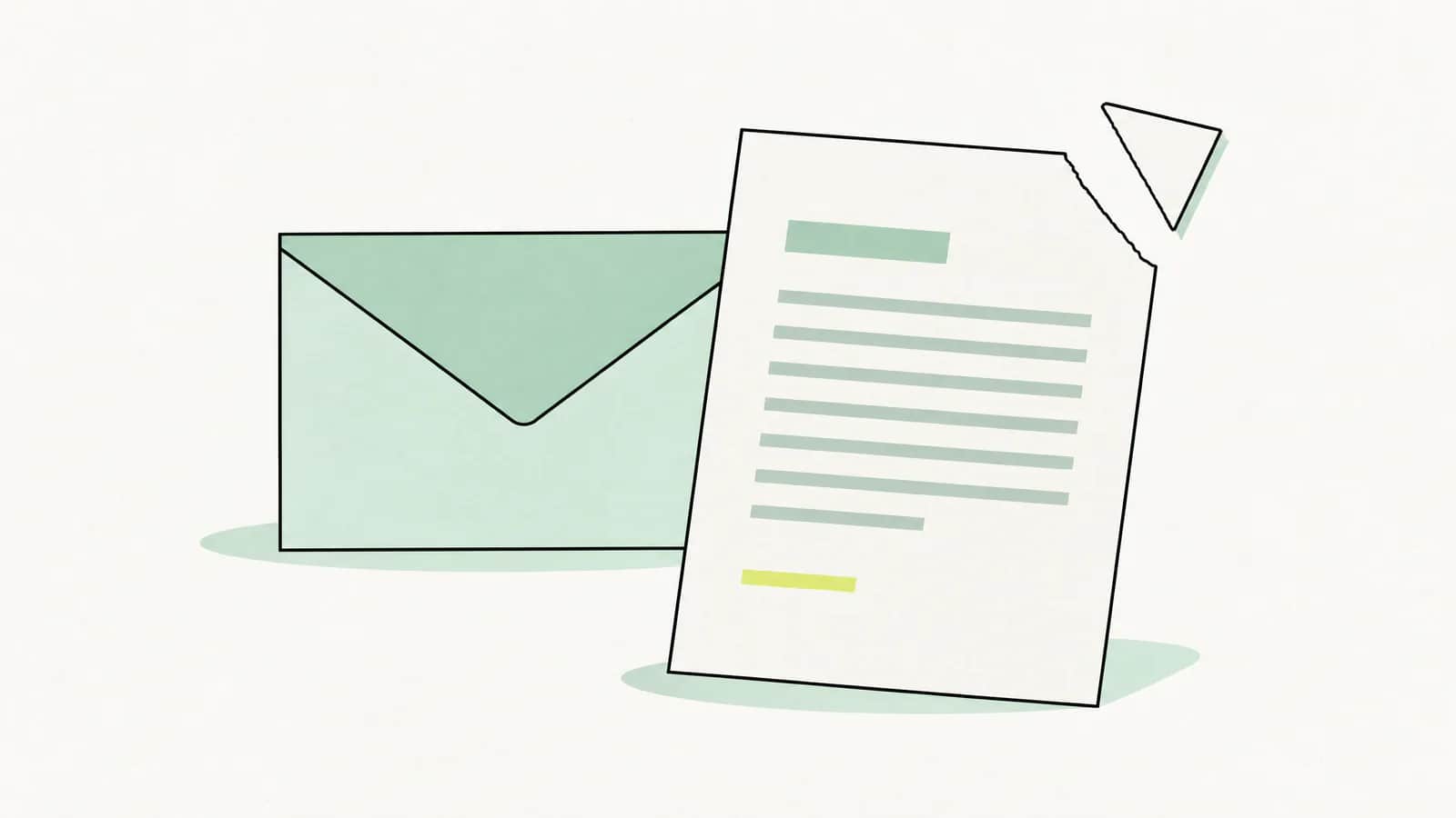 Illustration: Briefumschlag neben einem Vertragsblatt, dessen Ecke abgerissen ist