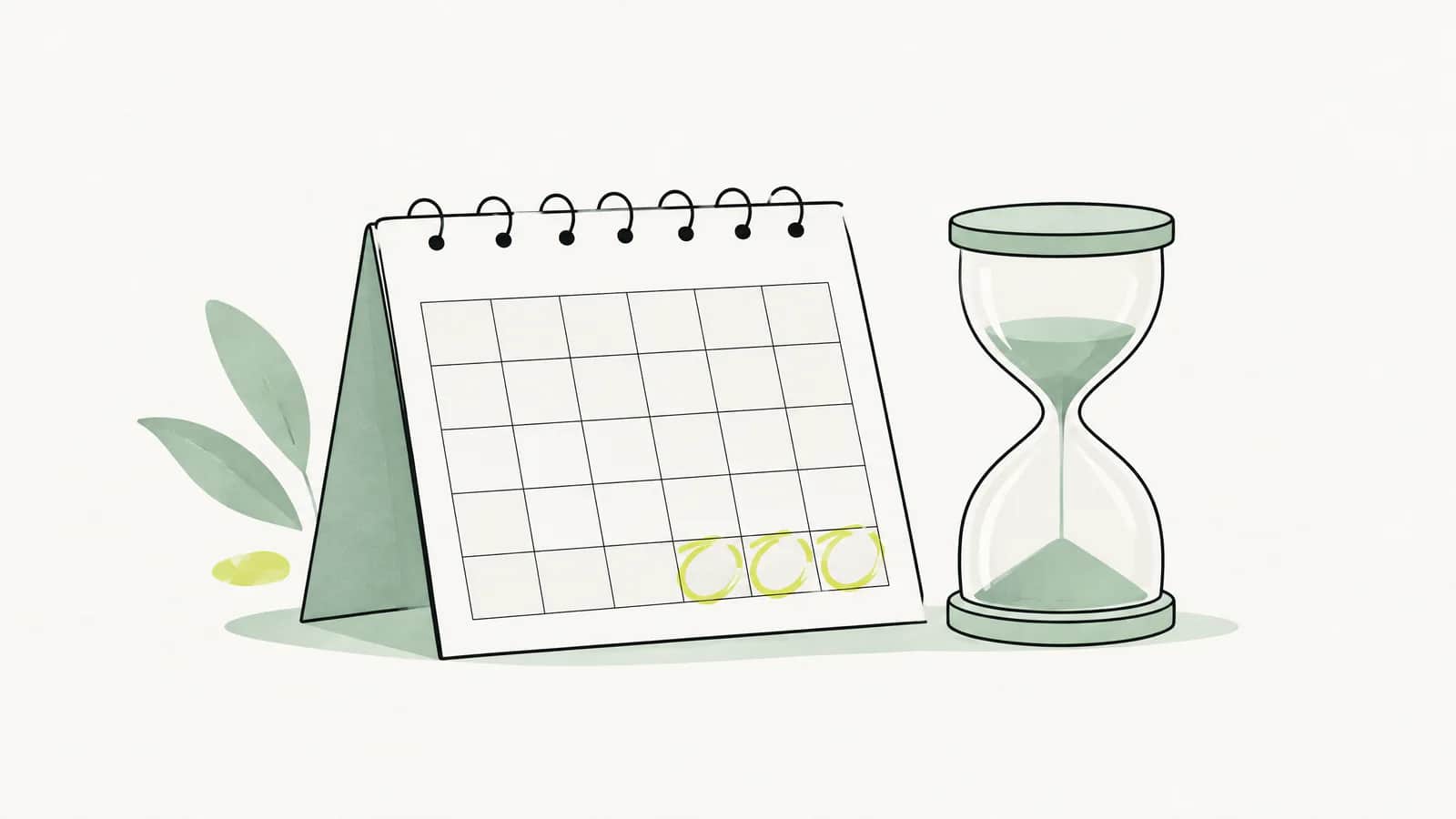 Illustration: Kalender mit eingekreisten letzten Monatstagen und einer Sanduhr daneben