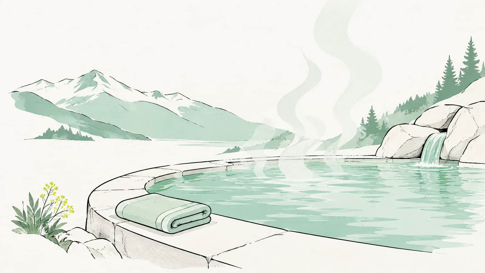 Illustration: Thermalbecken mit aufsteigendem Dampf und einem gefalteten Handtuch am Beckenrand