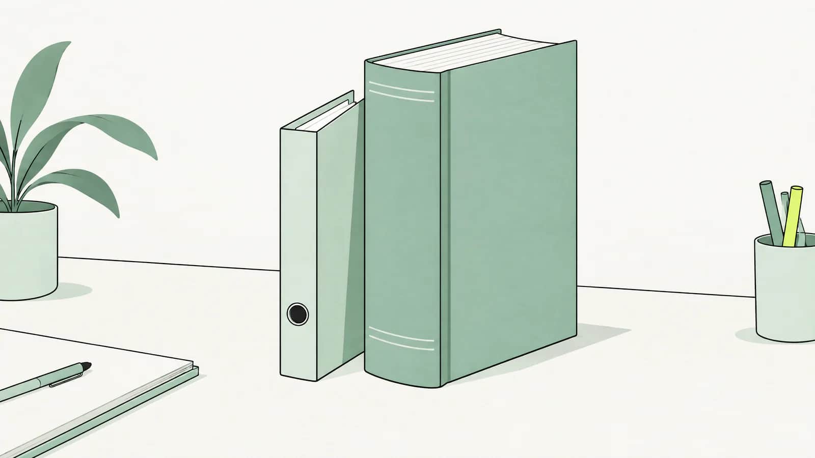 Illustration: schmaler Ordner neben einem grösseren Gesetzbuch auf einem Schreibtisch