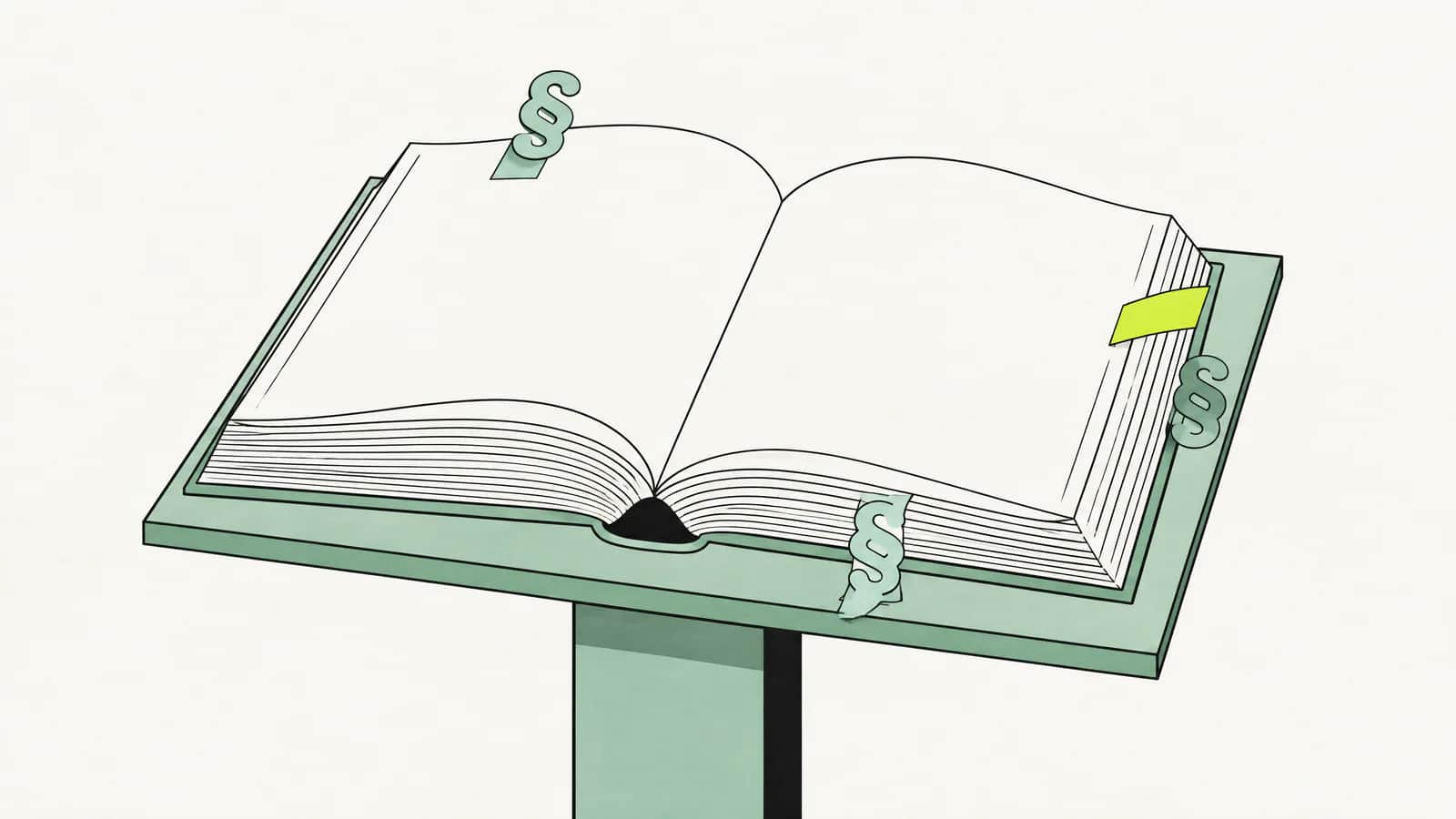 Illustration: dickes Gesetzbuch, offen auf einem Lesepult, mit Paragraphenzeichen als Lesezeichen