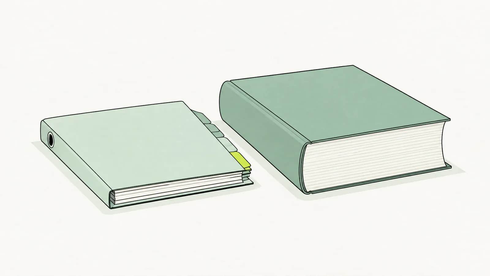 Illustration: Schmaler Ordner mit sortierten Registern neben einem dickeren Gesetzbuch