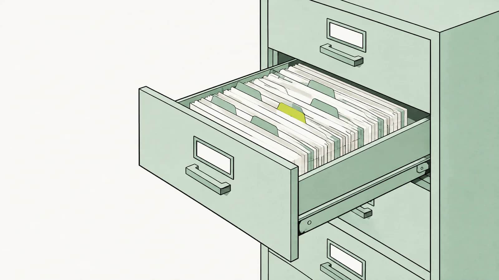 Illustration: Lange Karteikartenschublade, herausgezogen, mit sauber geordneten Karten