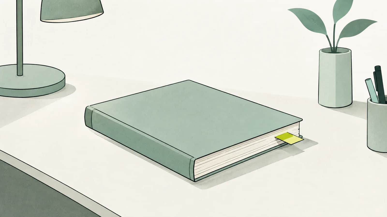 Illustration: geschlossenes Kassenbuch mit einem herausgezogenen Register auf einem gedämpft beleuchteten Schreibtisch