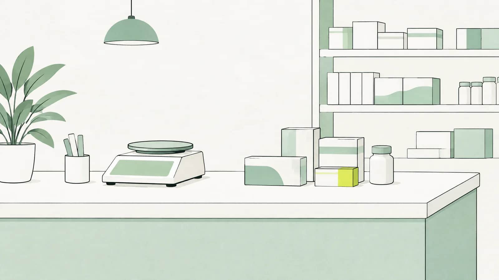 Illustration: Apothekentheke mit einer kleinen Waage und mehreren Medikamentenschachteln