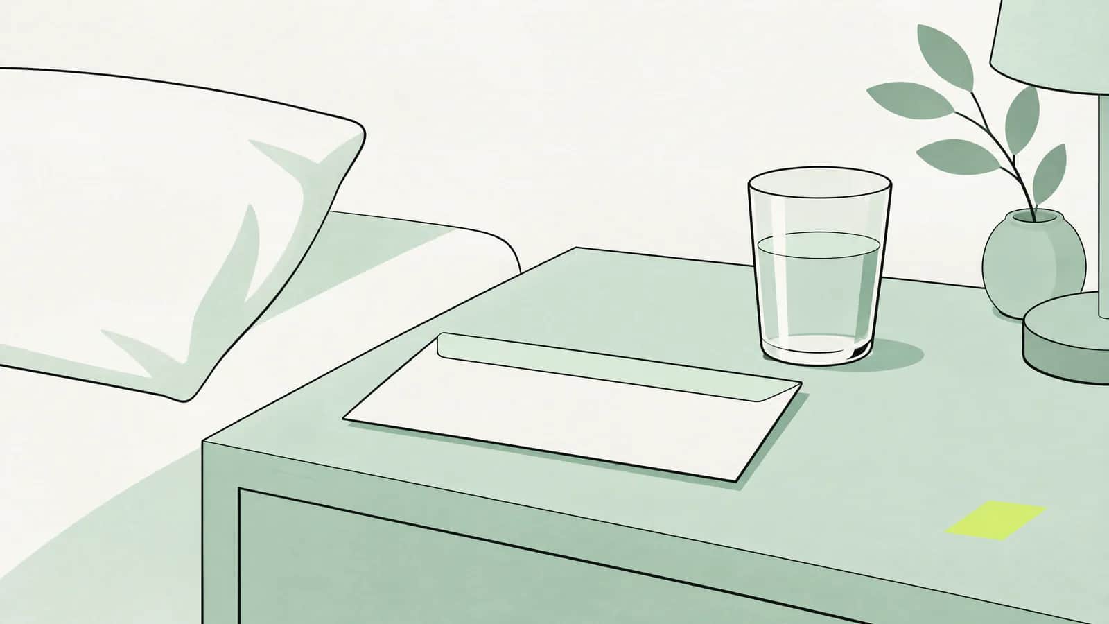 Illustration: Lohnumschlag auf einem Nachttisch neben einem Glas Wasser im gedämpften Licht