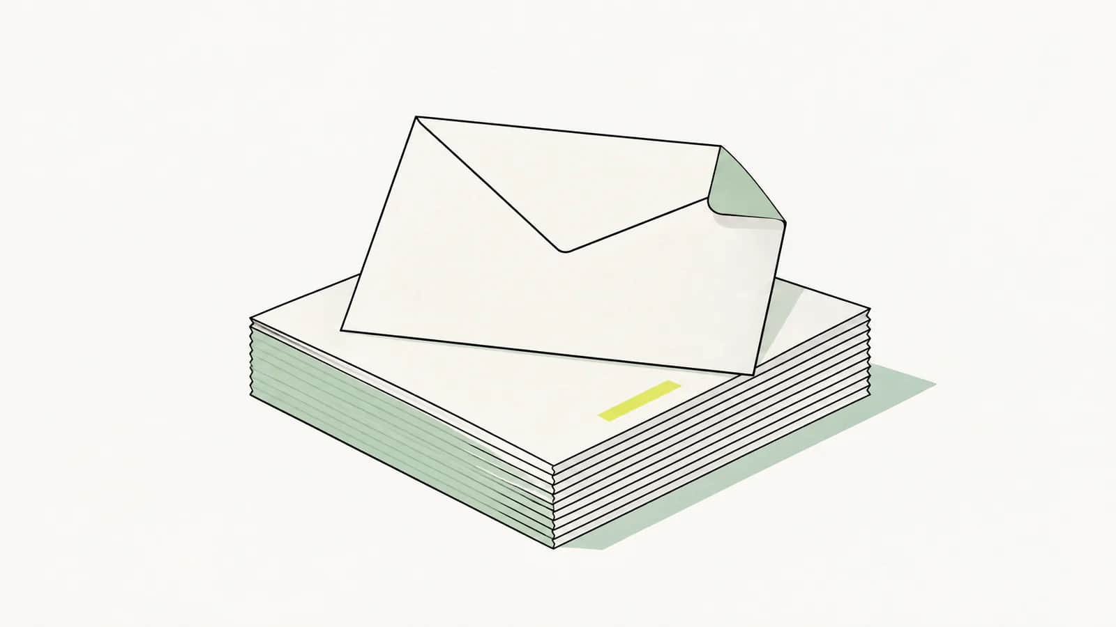 Illustration: Briefumschlag mit geknickter Ecke liegt auf einem Stapel Papier