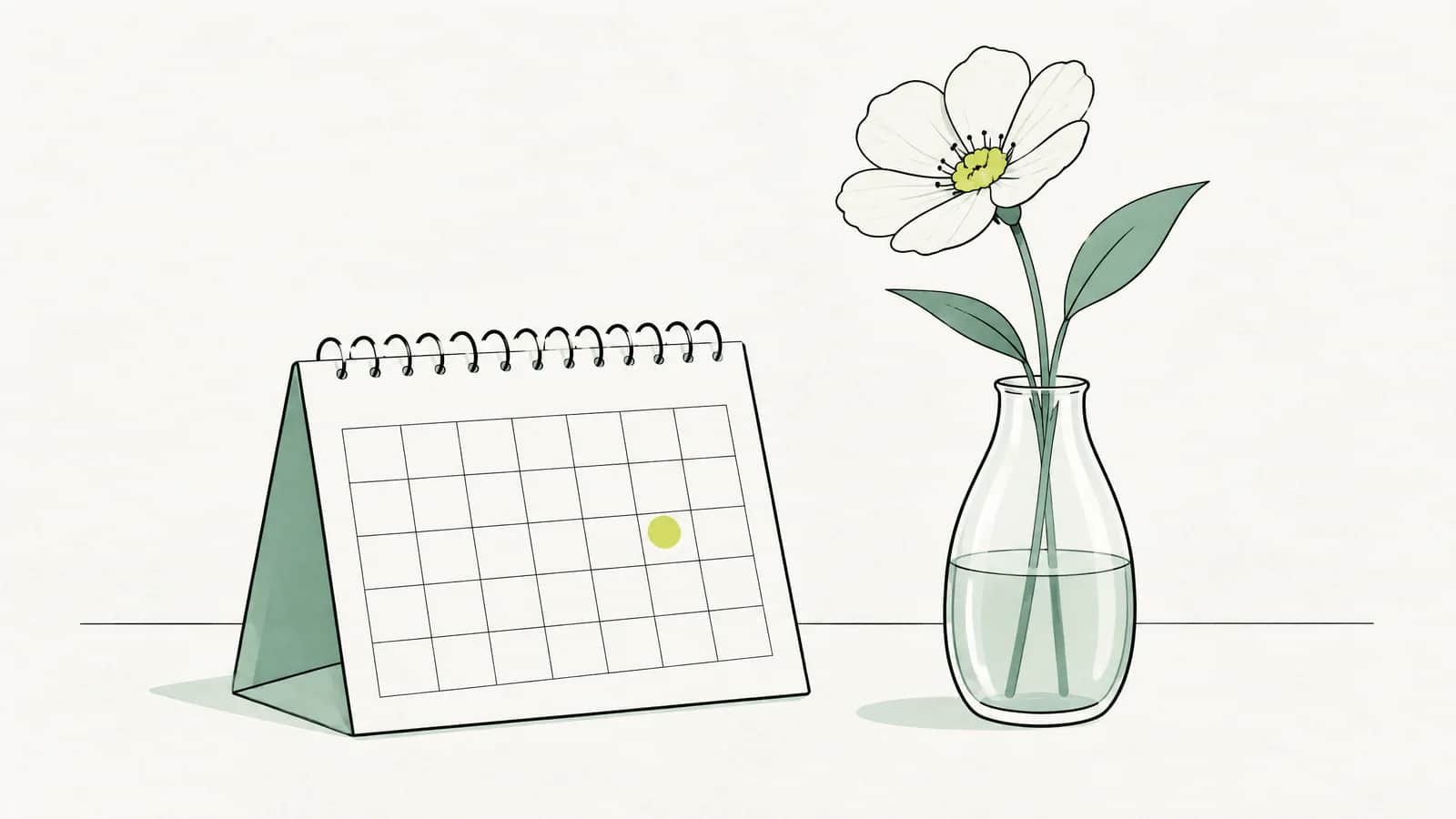 Illustration: Kalender mit einem markierten Untersuchungstermin, daneben eine Blume in einer Glasvase